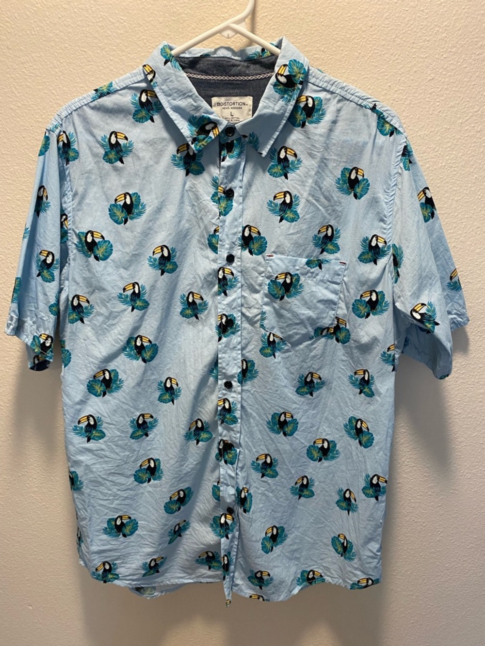 Distortion Blue Toucan Tropical Palm Leaves Button Up Short Sleeve Shirt Large